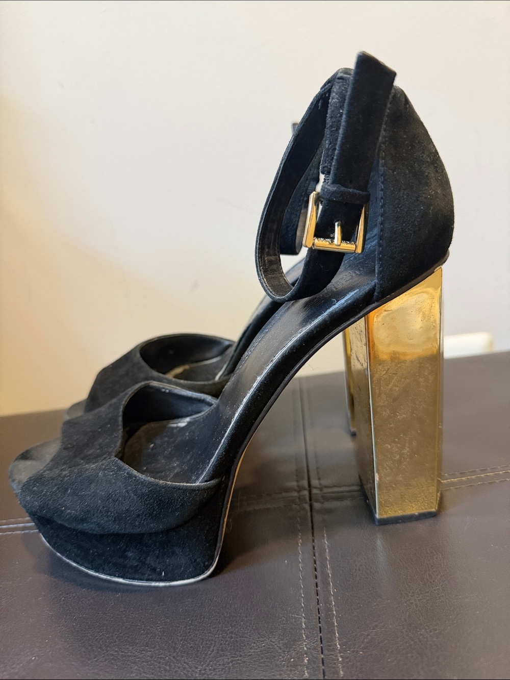 Black Suede Platform Ankle-Strap Heels with Gold Block Heel